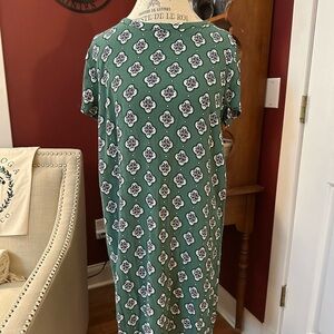 LOFT Green and White Midi Dress Casual Crew Neck Short Sleeve